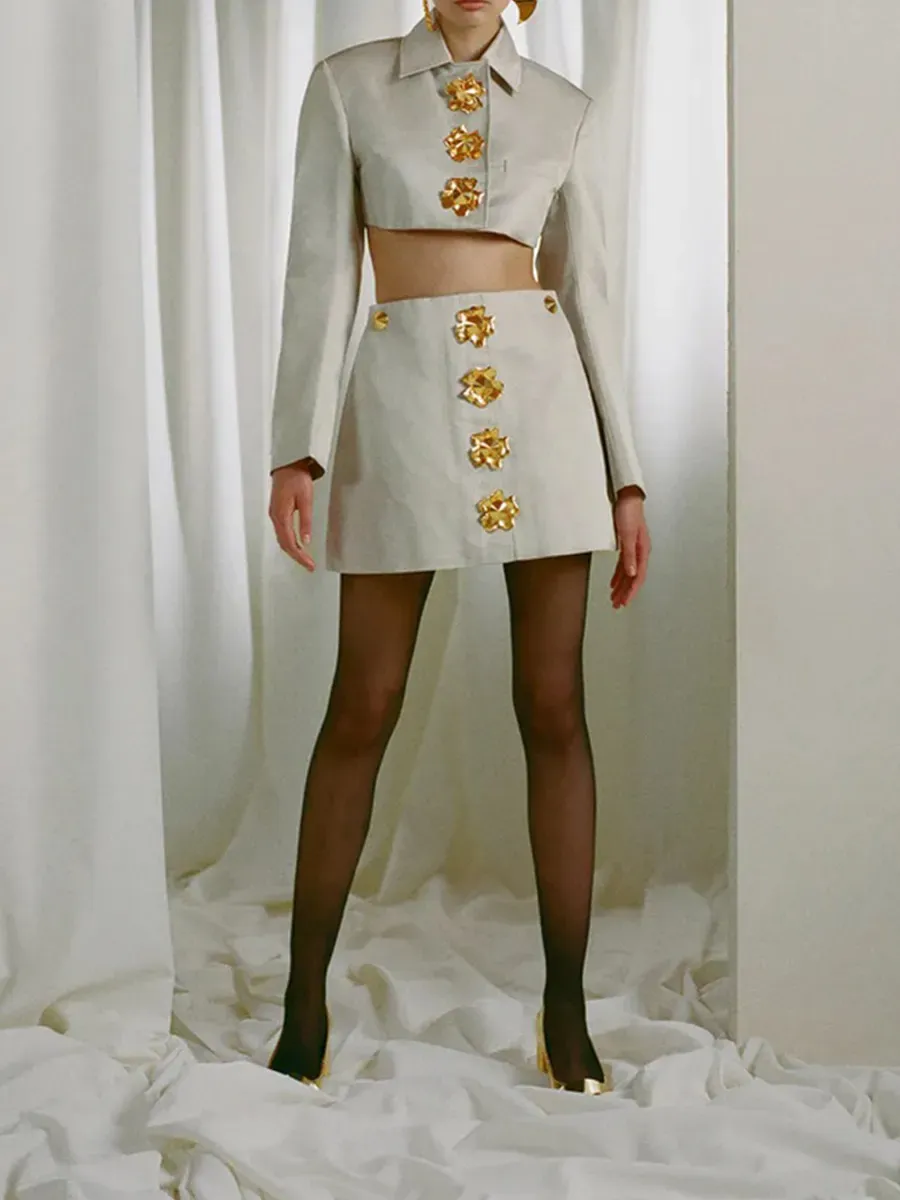 Inez Metal-Buttoned Shirt Skirt Set
