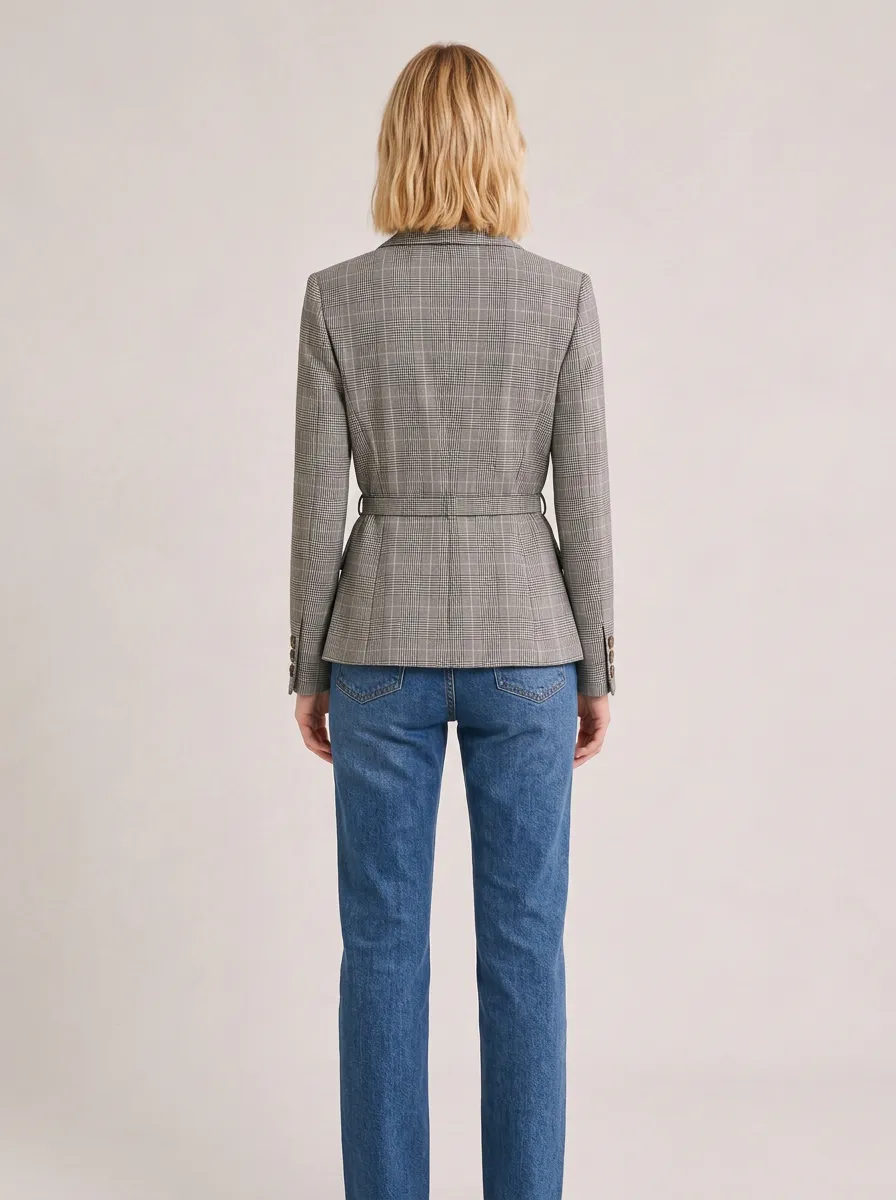 Women's Plaid Pattern Belted Tailored Printed Blazer