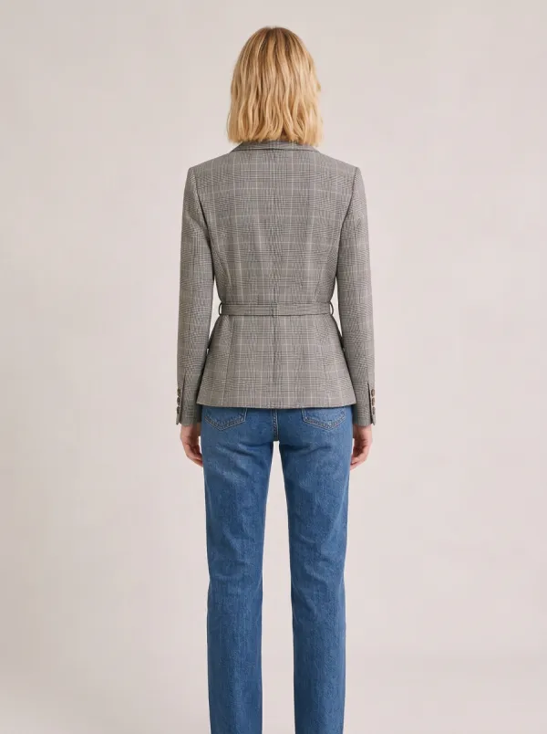 Women's Plaid Pattern Belted Tailored Printed Blazer