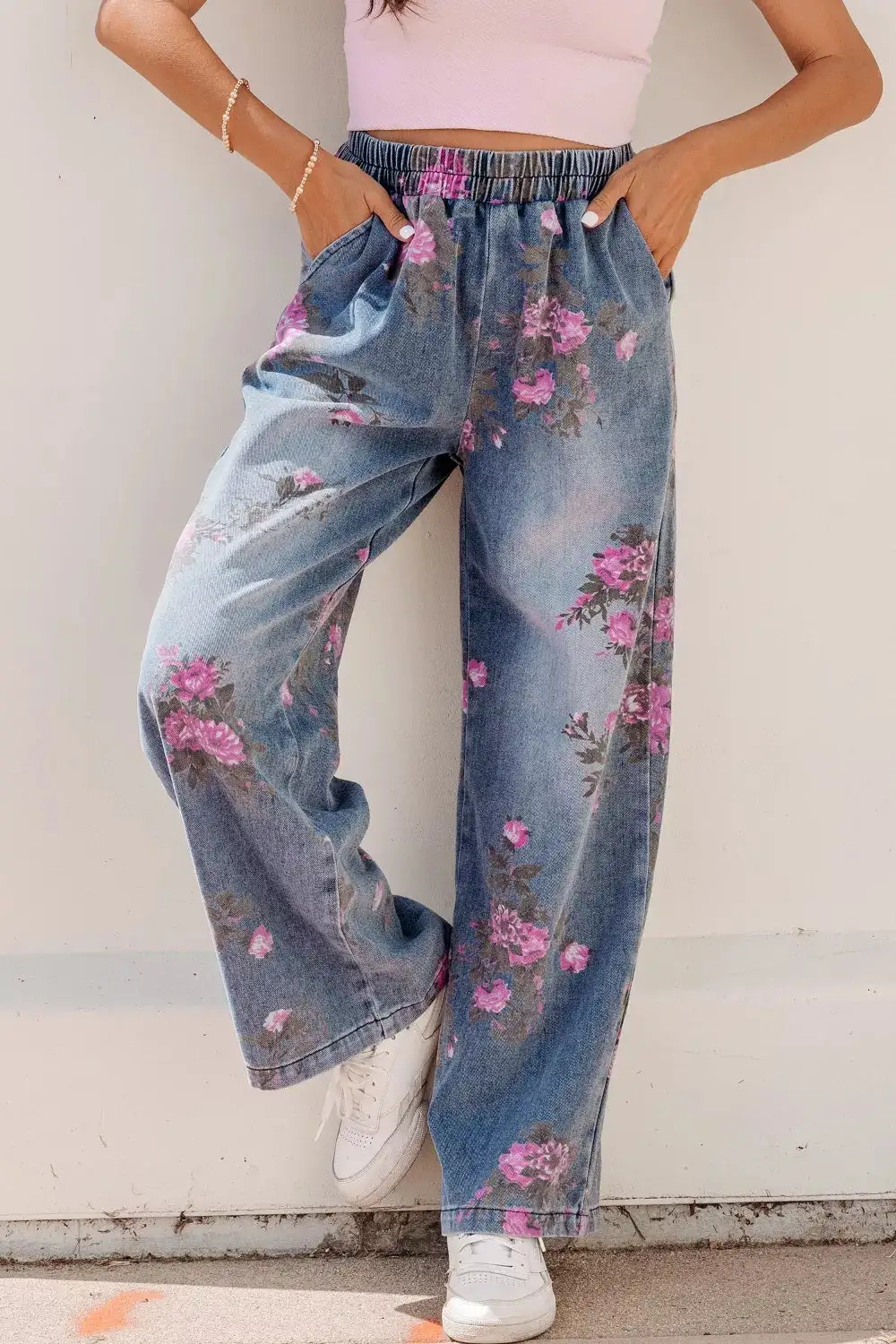Women' High Waisted Floral Print Wide Leg Elastic Waist Jeans