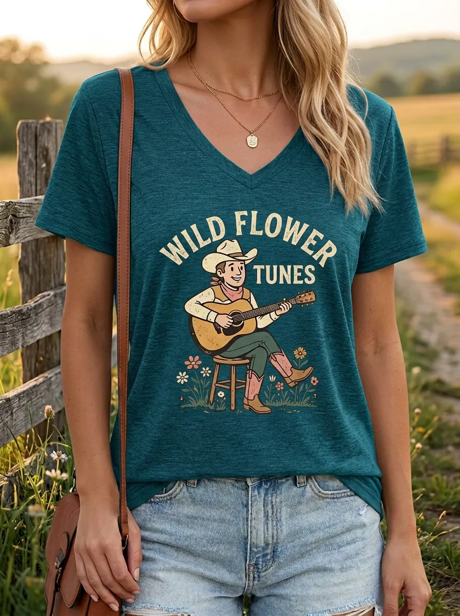 Western Guitar Women's Country Music V-Neck T-Shirt