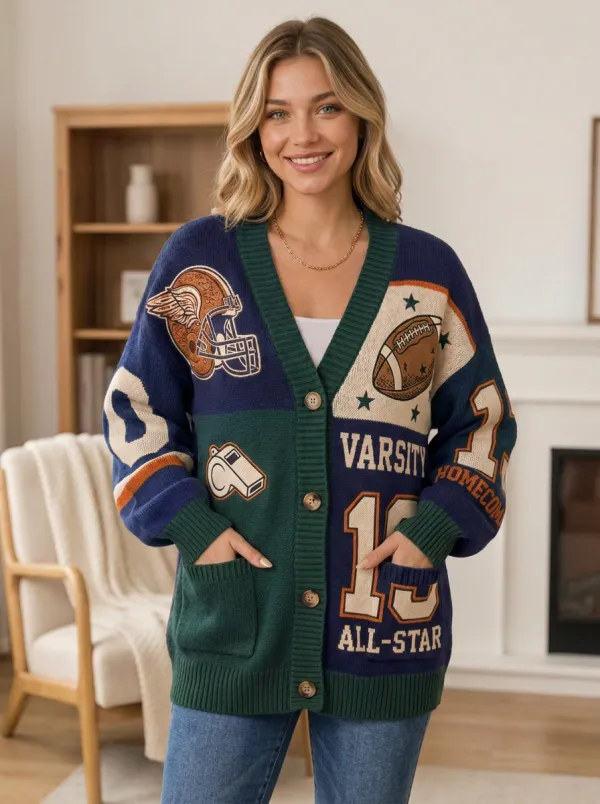 Women's Distinctive Helmet Football Ball Knitted Cardigan