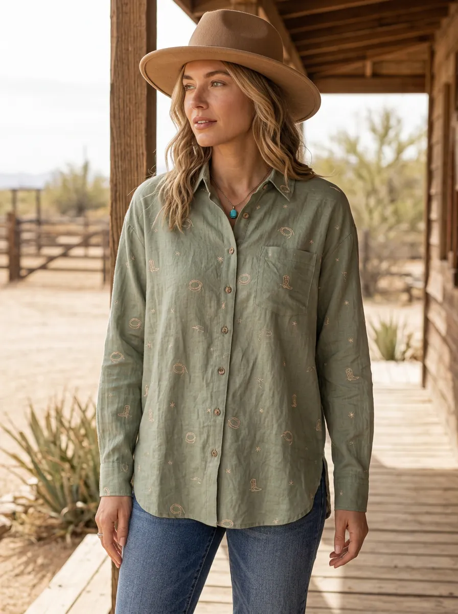Women's Western Sage Green Western Motif Button-Down Shirt