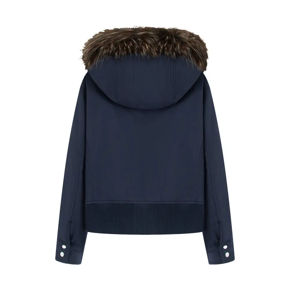 Quilted Faux Fur Hooded Flap Pocket Bomber Jacket