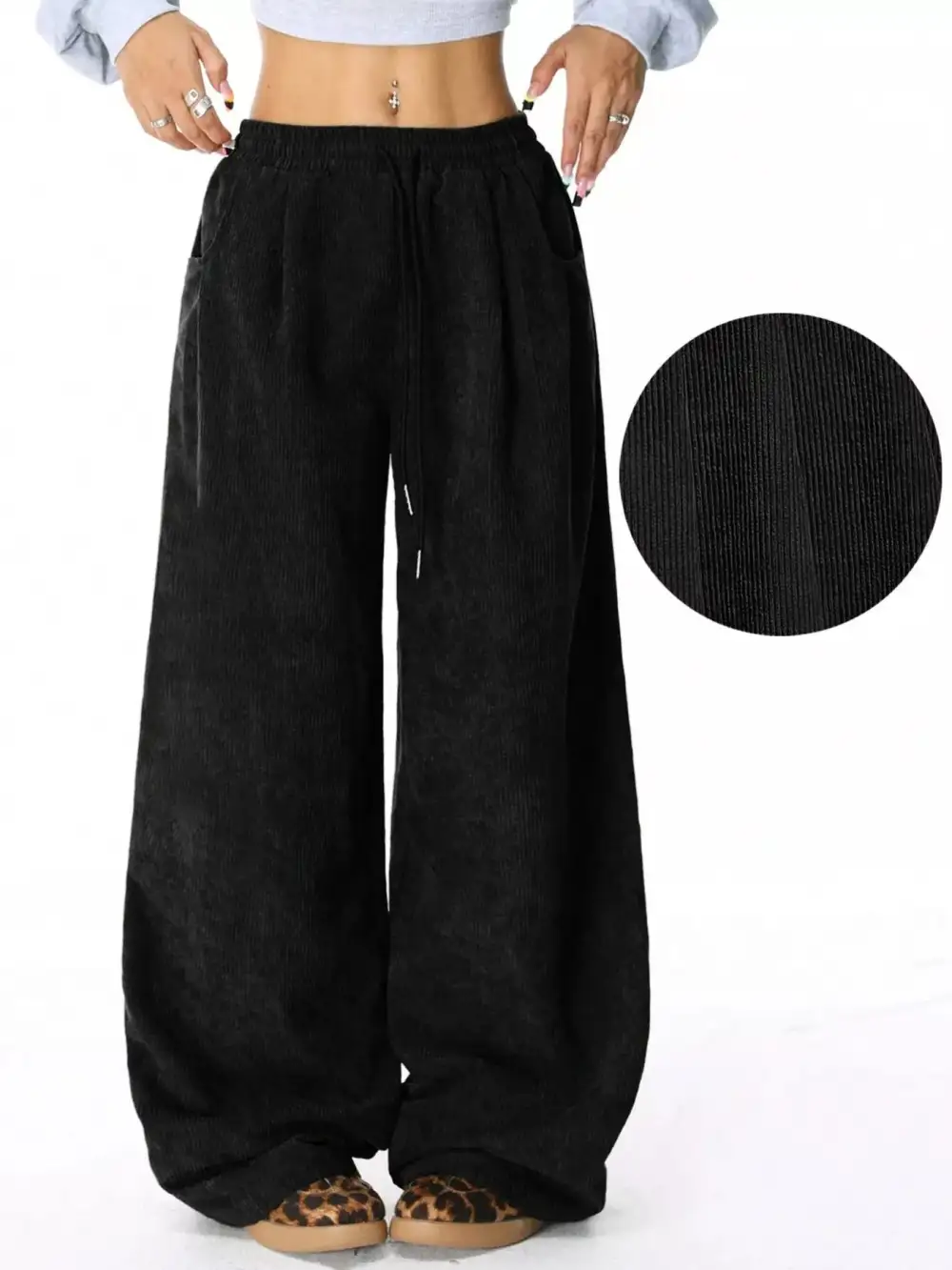 Corduroy Drawstring Relaxed Fit Pocketed Casual Pants