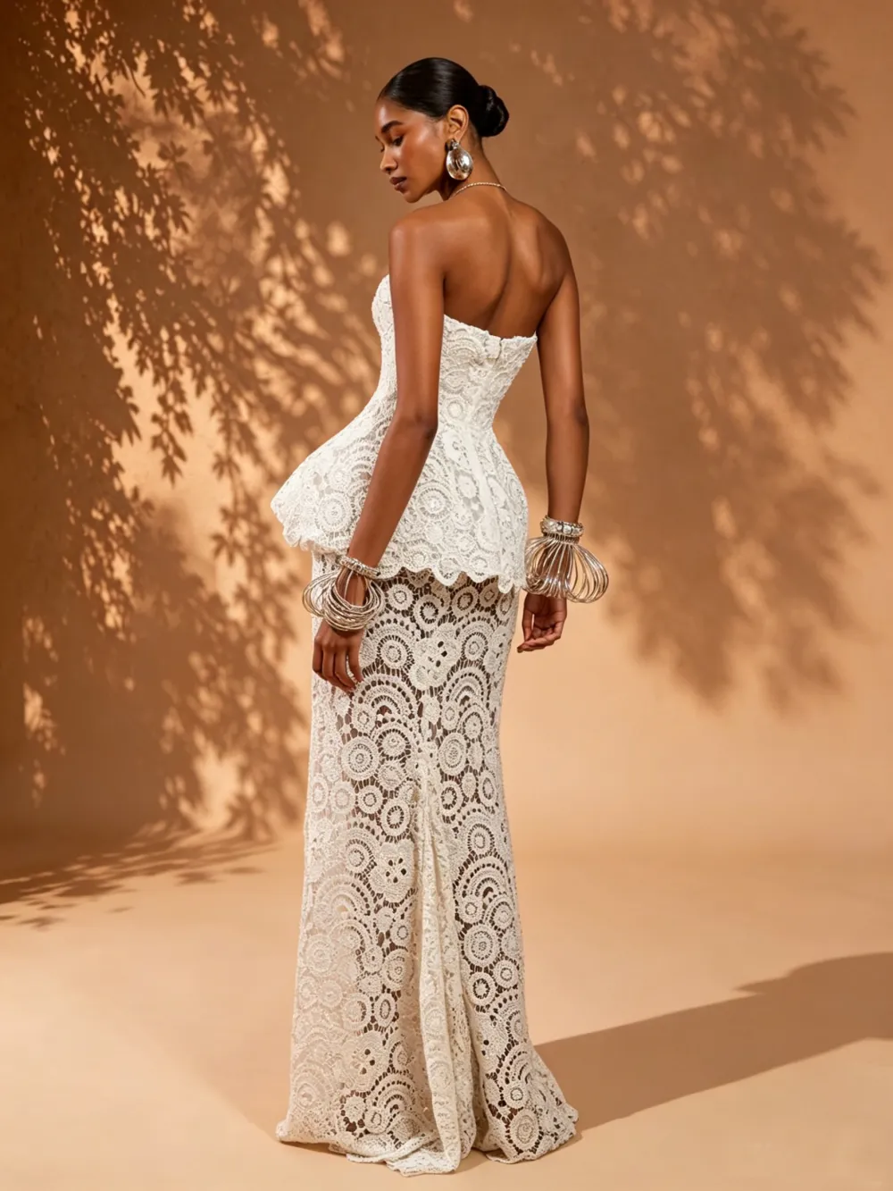 Noemi White Strapless Lace Elegant Maxi Dress
