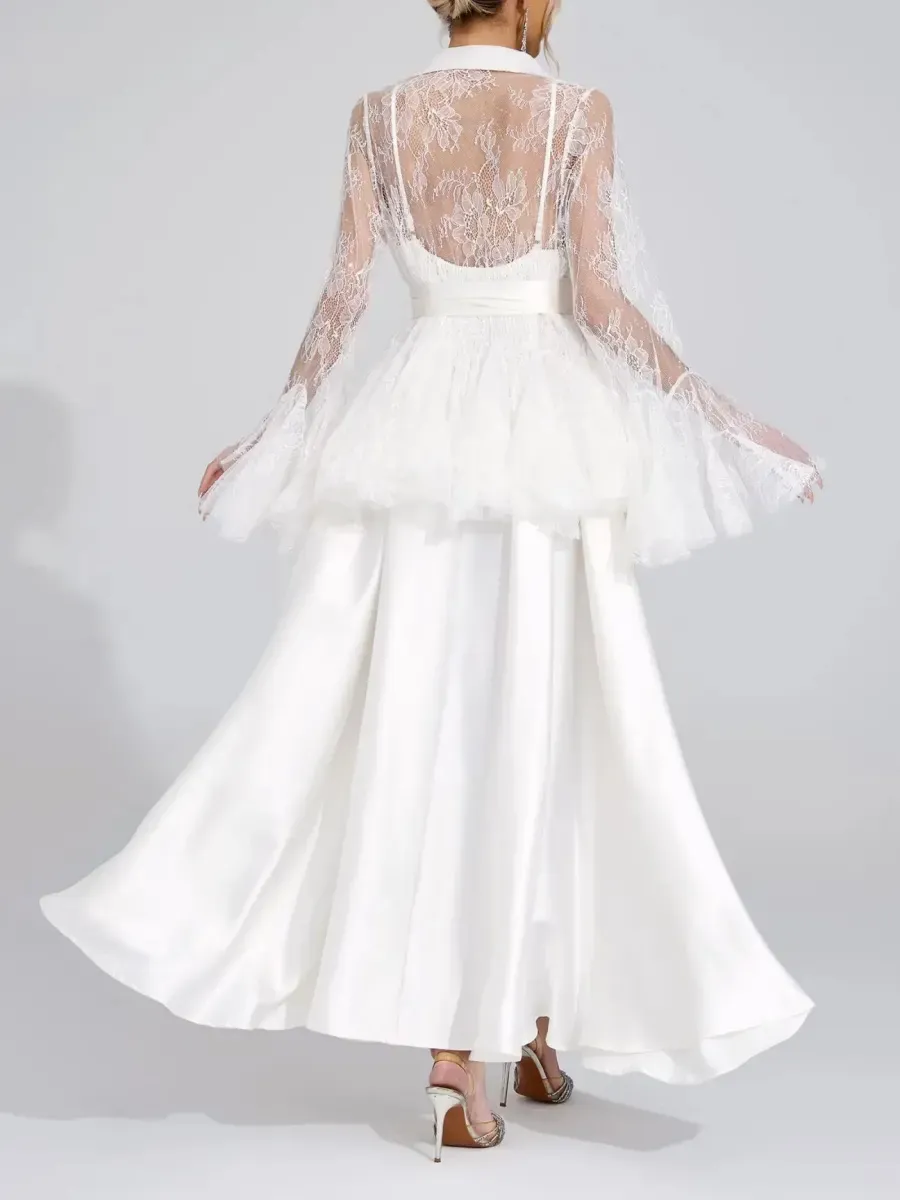 Aurora Lace Peplum Collared Satin Maxi Dress Set