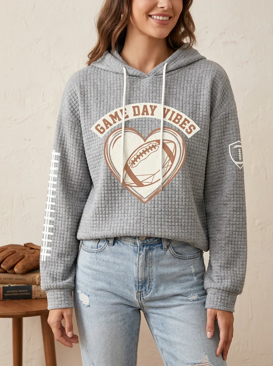 Women's Football Lover Game Day Vibes Heart Printed Hoodie