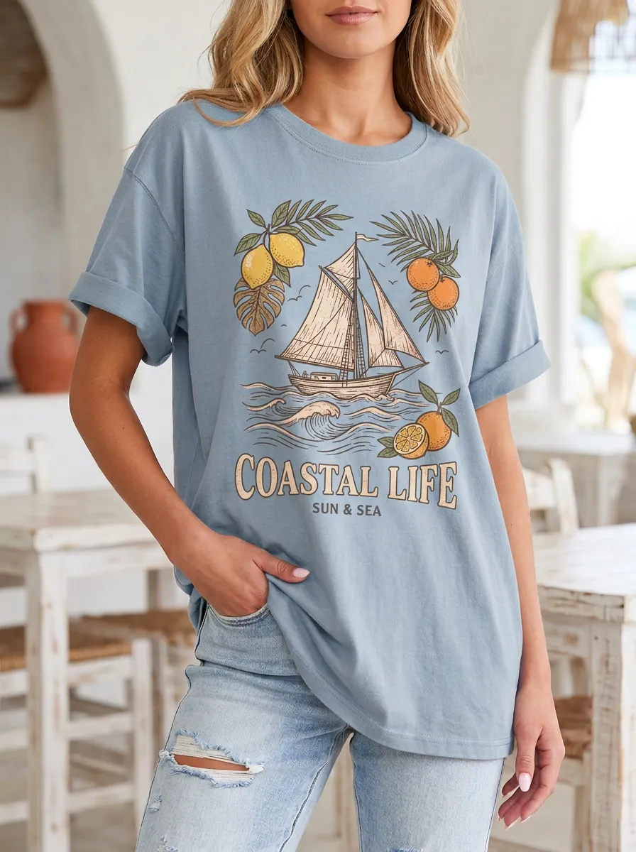 Women's Coastal Life Sailboat Lemon Orange Printed T-shirt