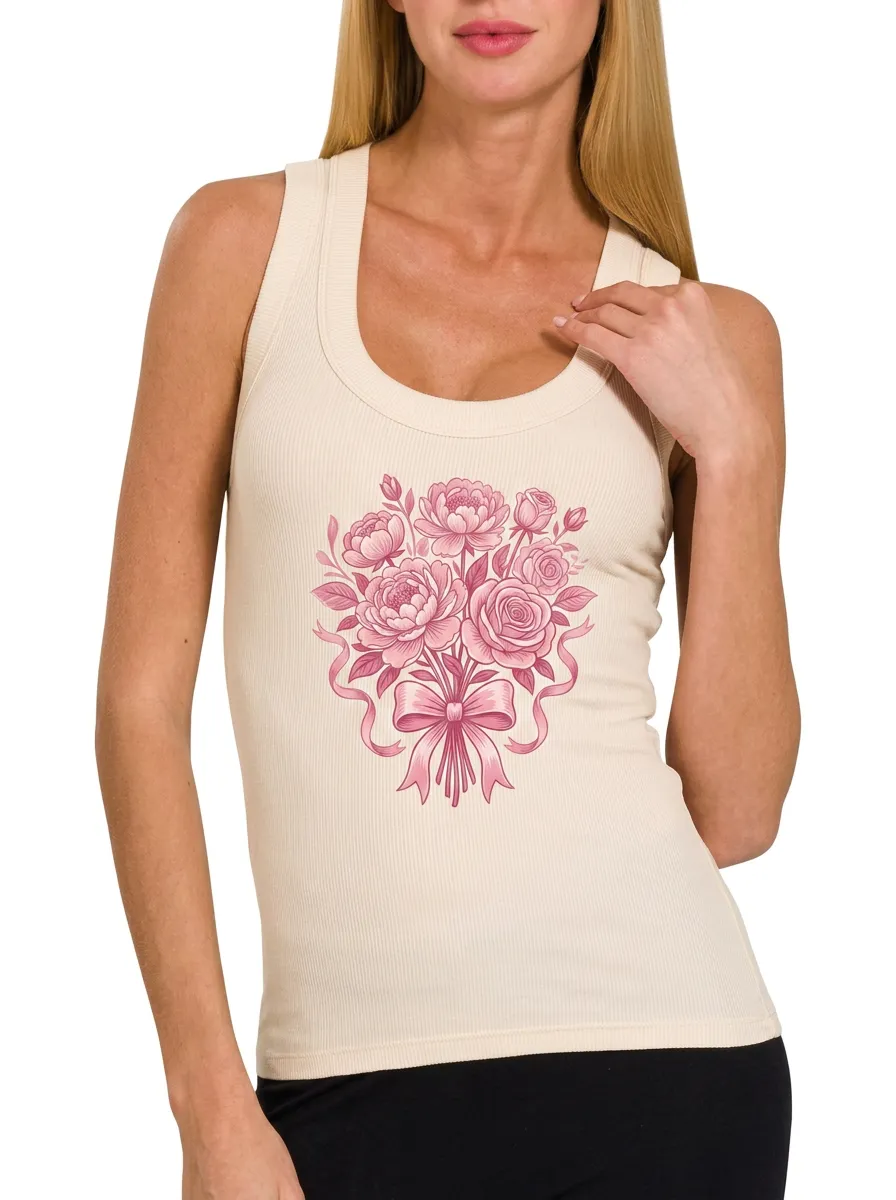 Women's Breast Cancer Awareness Pink Floral Ribbon Printed Tank Top