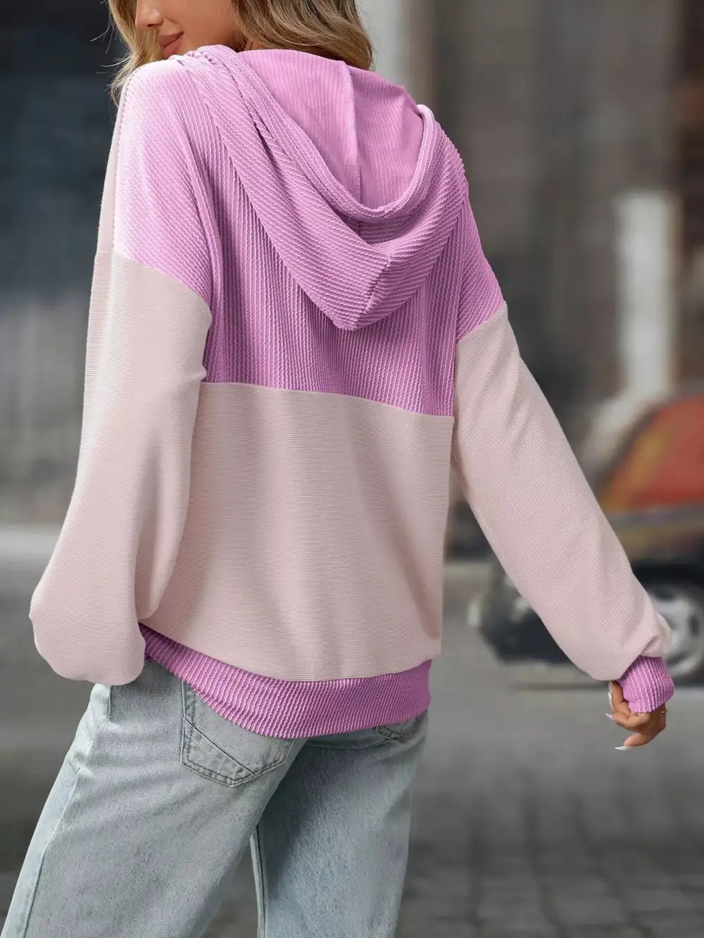 Refined Drawstring Buttoned Pocketed Colorblock Hoodie
