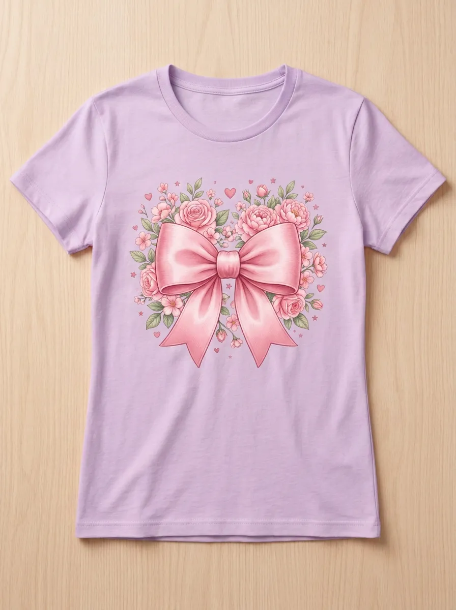 Women's Breast Cancer Awareness Pink Bow Floral Printed T-shirt