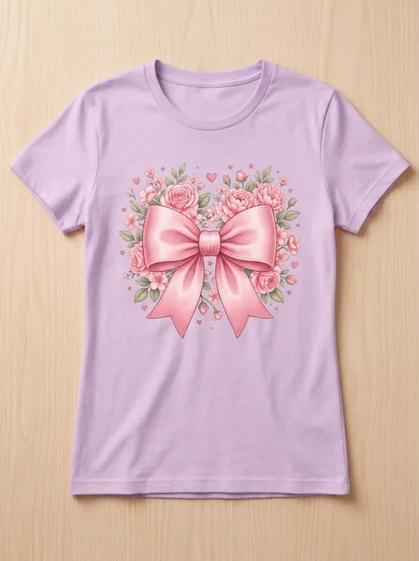 Women's Breast Cancer Awareness Pink Bow Floral Printed T-shirt