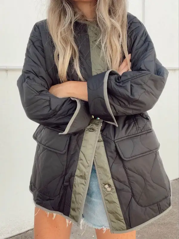 Hooded Collared Round-Neck Quilted Jacket