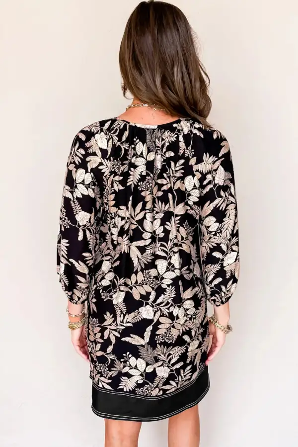 Layered Detail Printed Split Neck Mini Dress
