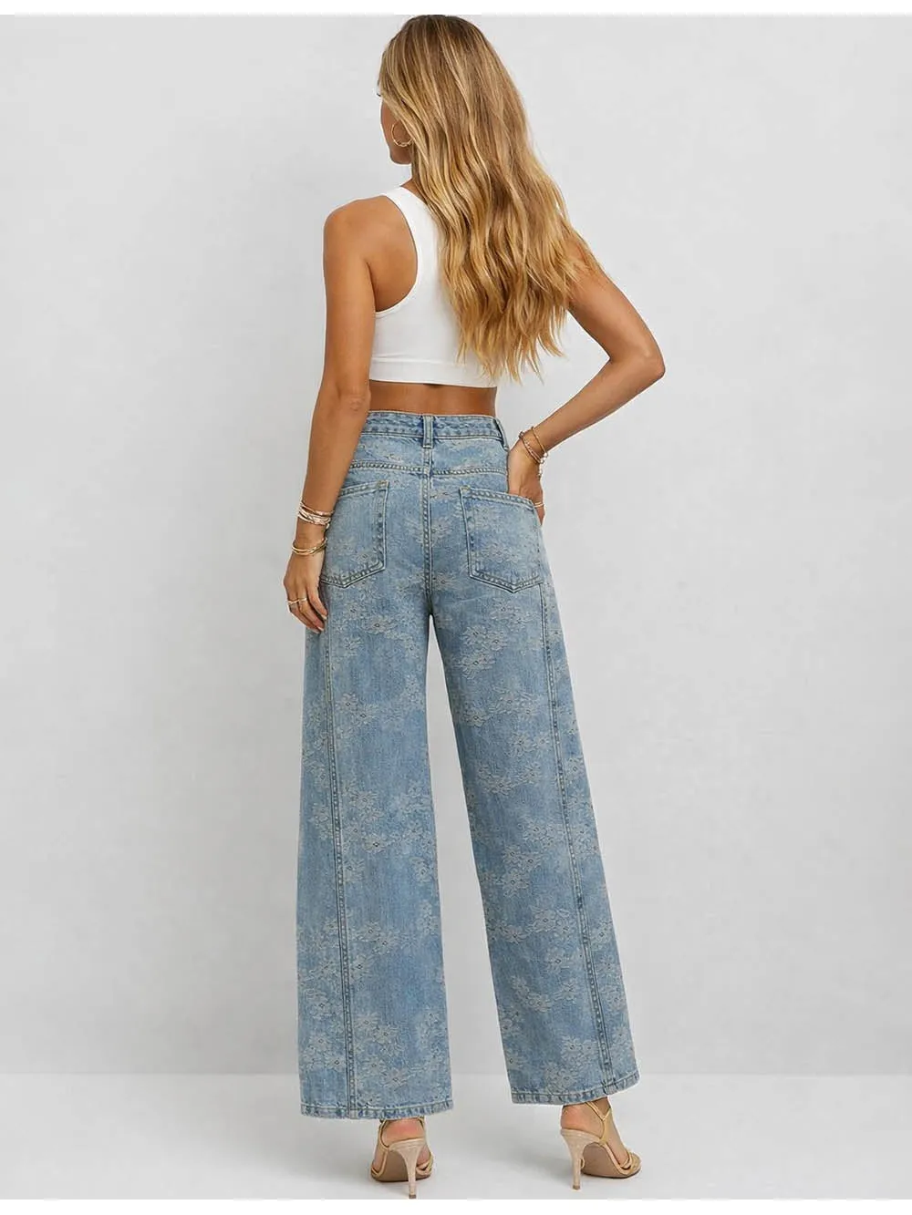 Jacquard Button Pocket Wide Leg Denim Pants