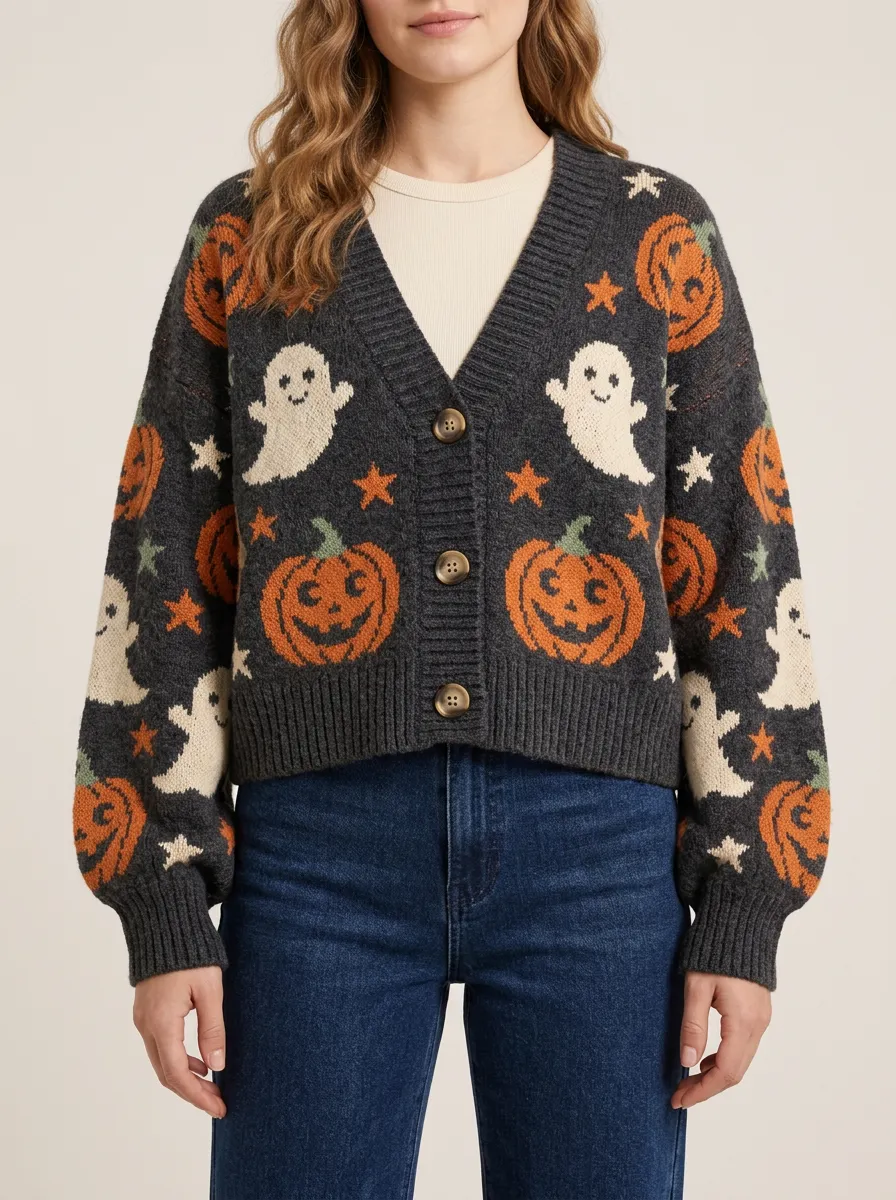 Women's Spooky Ghost Pumpkin Star Halloween Knit Cardigan