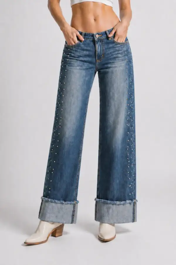 Low Rise Wide Leg Cuffed Studded Detail Western Style Denim Jeans