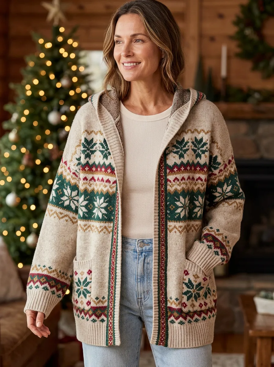 Christmas Snowflake Fair Isle Pattern Print Festive Hooded Cardigan