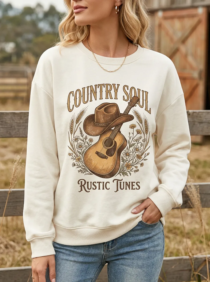 Western-Inspired Guitar Cowboy-Hat Women's Country Music Long-Sleeve Shirt
