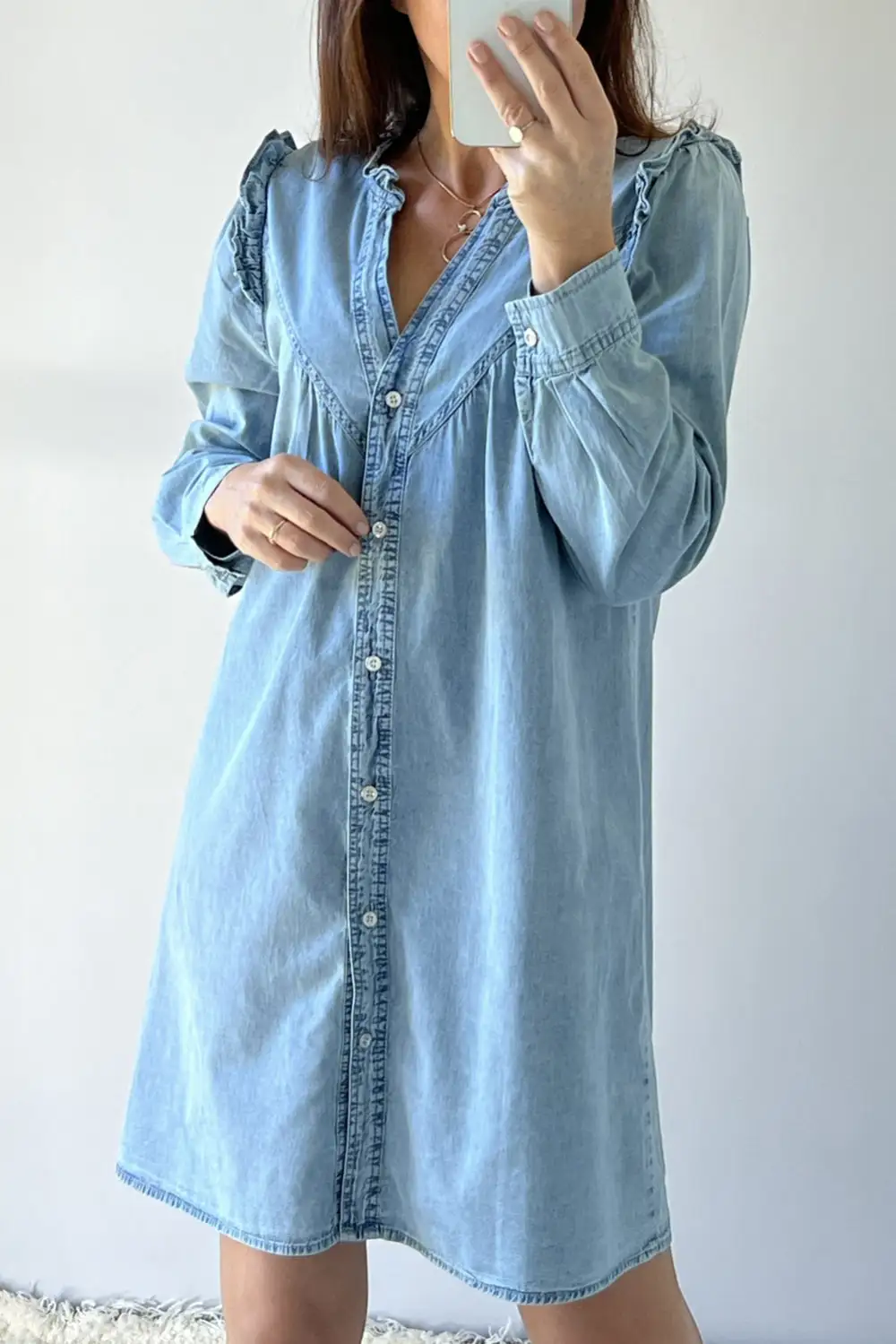 Daytime Denim Look Ruffle Trim Button Front Mini Dress