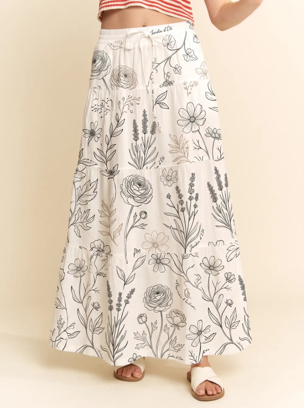 Women's Botanical Garden Floral Line Art Printed Maxi Skirt