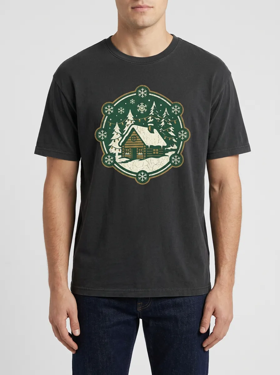Men's Christmas Snowy Cabin Pine Tree Printed T-Shirt