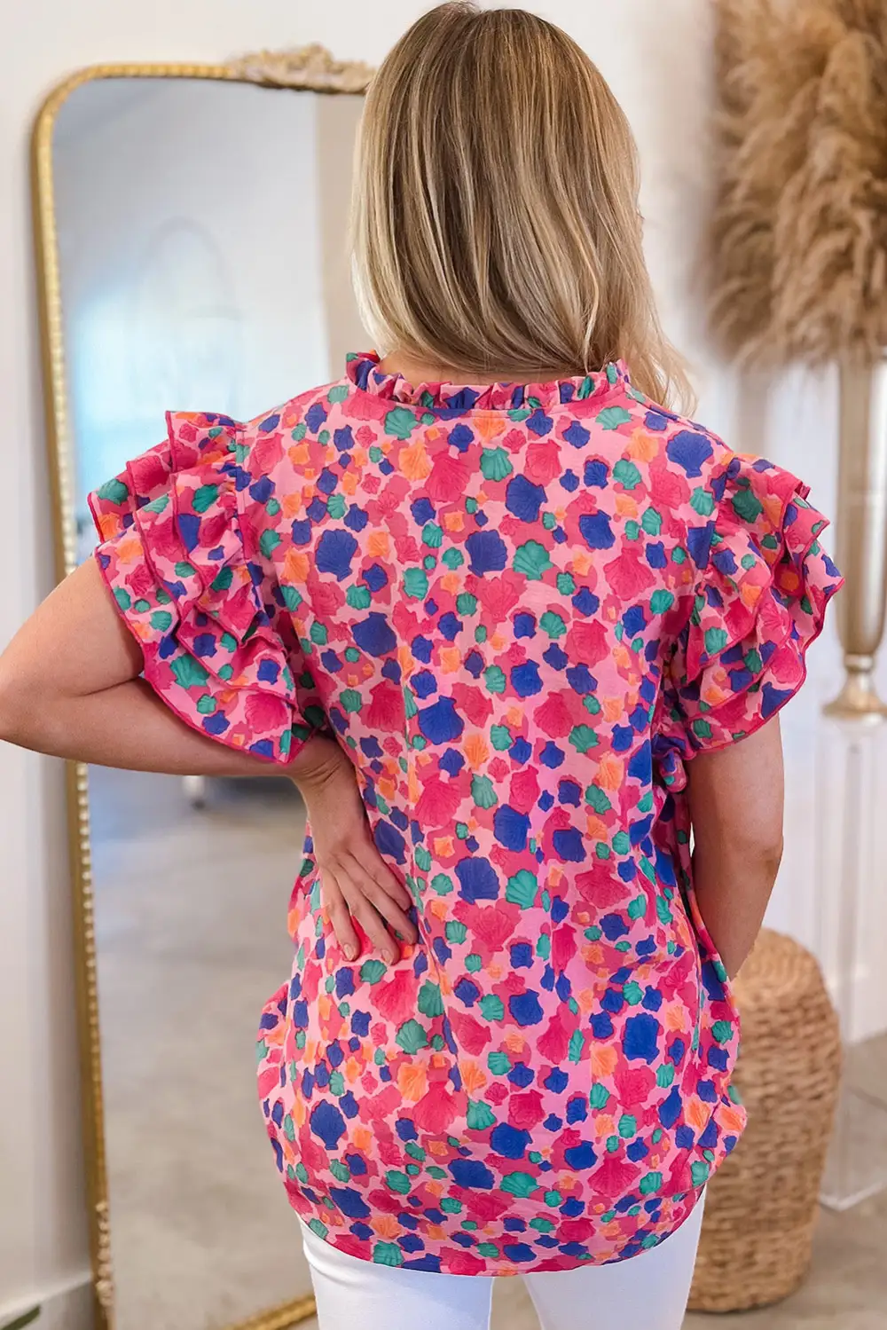 Everyday Abstract Print Ruffled V-Neck Blouse