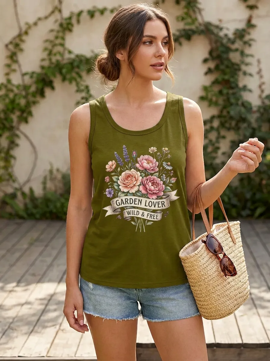 Garden Lover Wild and Free Floral Bouquet Ribbed Tank Top