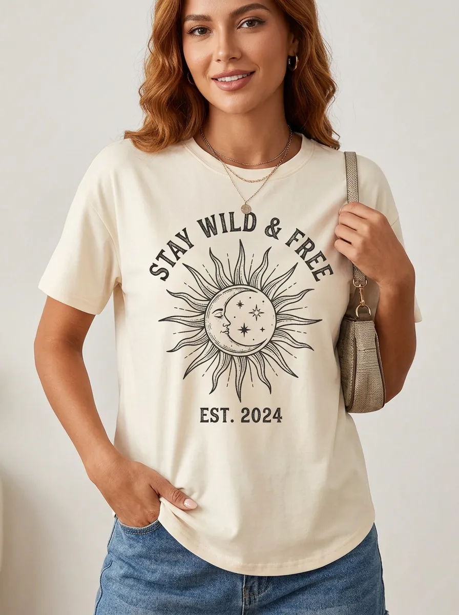 Boho Celestial Stay Wild And Free Sun Moon T-Shirt