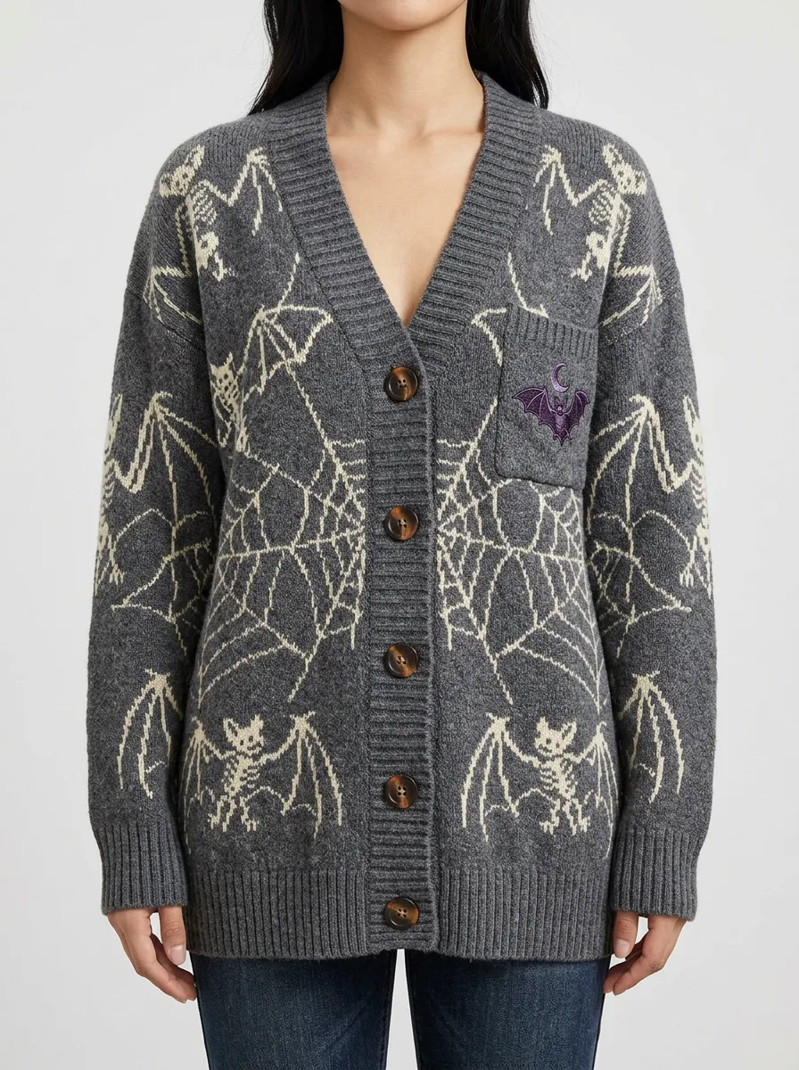 Women's Gothic Skeleton Bat Spiderweb Halloween Knit Cardigan