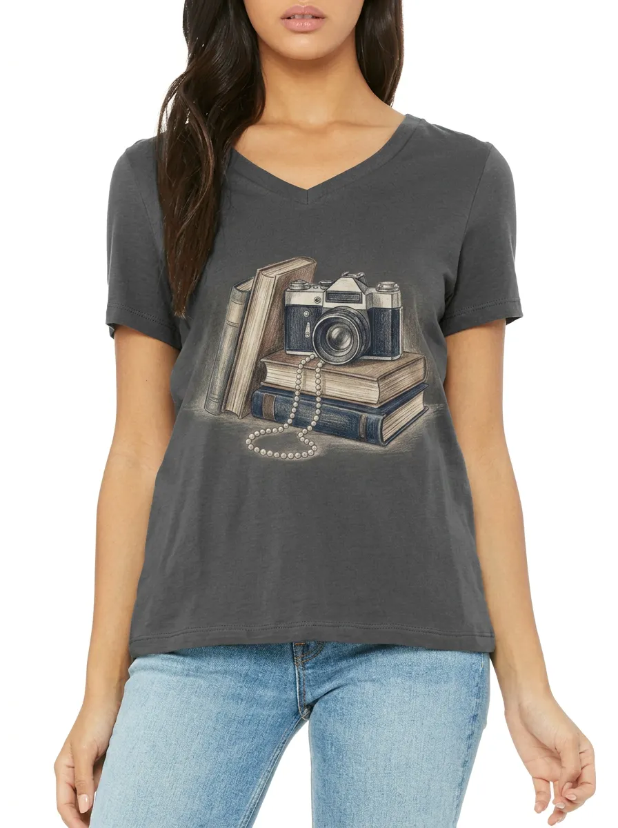 Women's Photography Book Lover Vintage Camera Printed V-neck T-shirt