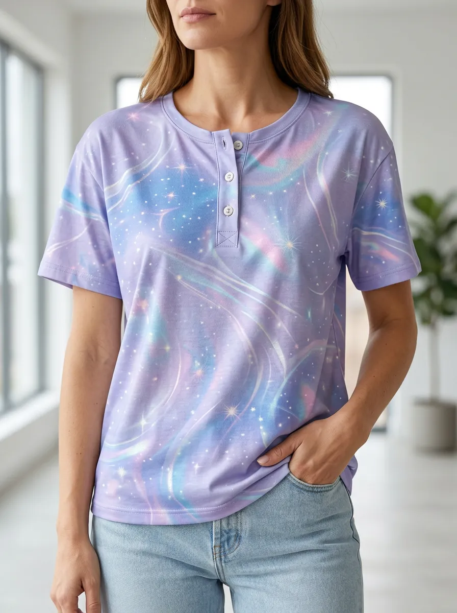 Women's Galaxy Starry Sky Swirl Printed Henley T-shirt
