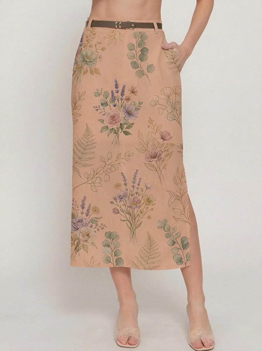 Women's Botanical Floral Lavender Printed Midi Skirt