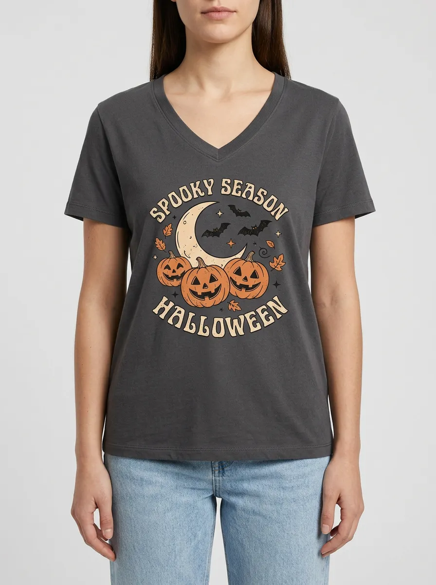 Women's Halloween Spooky Season Moon Pumpkin Bat Printed V-neck T-shirt