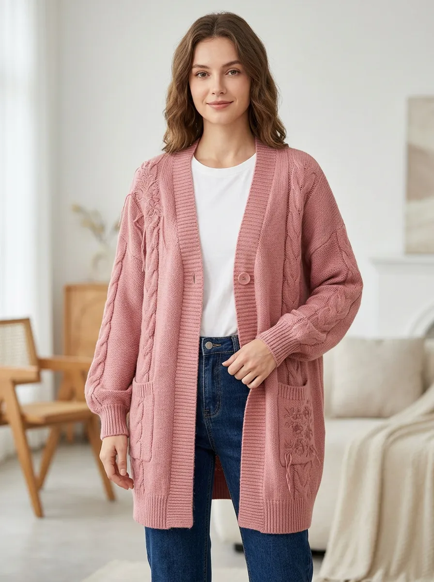 Women's Pink Floral Cable Knit Buttoned Cardigan