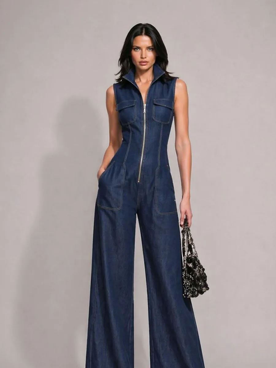 Amira Retro Stand-Collar Zip-Front Sleeveless Denim Jumpsuit