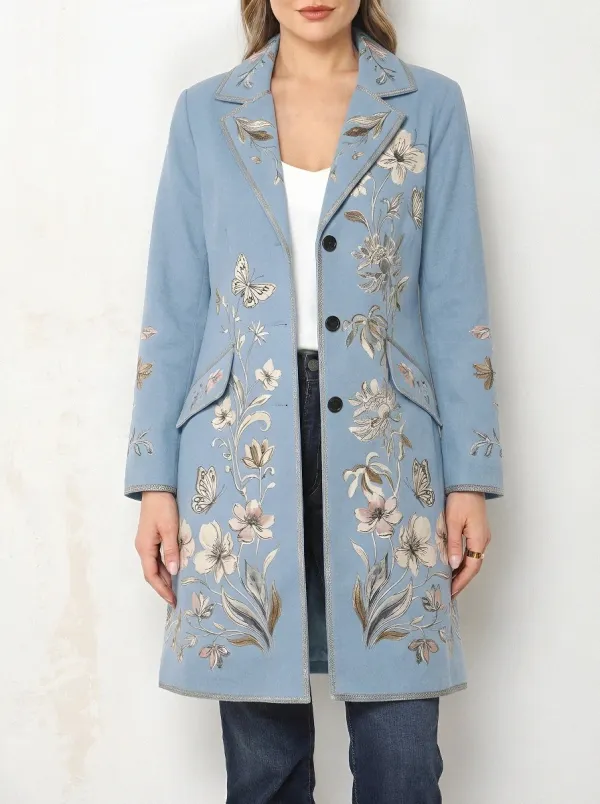 Women's Floral Butterfly Botanical Embroidered Printed Coat