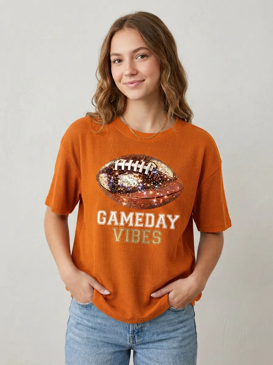 Women's Football Fan Gameday Vibes Glitter Ball Printed T-shirt