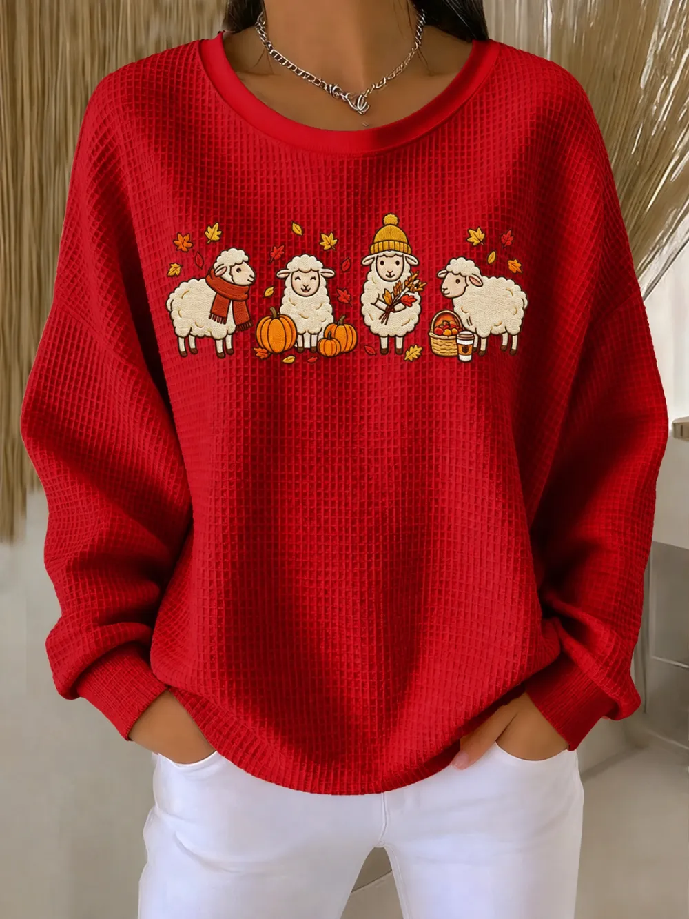 Women'S Autumn Sheep Pumpkin Printed Waffle Casual Sweatshirt