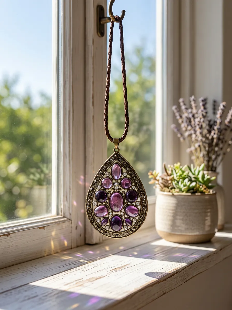Purple Gemstone Teardrop Crystal Suncatcher Pendant
