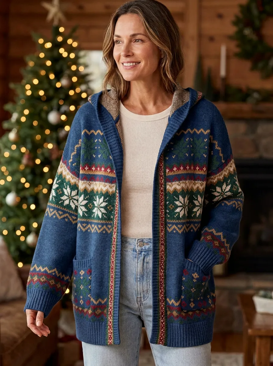 Christmas Snowflake Fair Isle Pattern Print Festive Hooded Cardigan