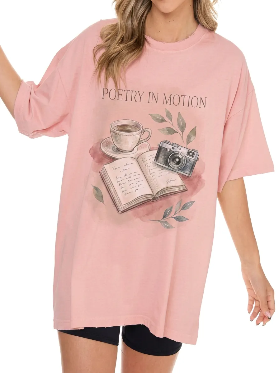 Women's Poetry Book Coffee Camera Aesthetic Printed T-shirt