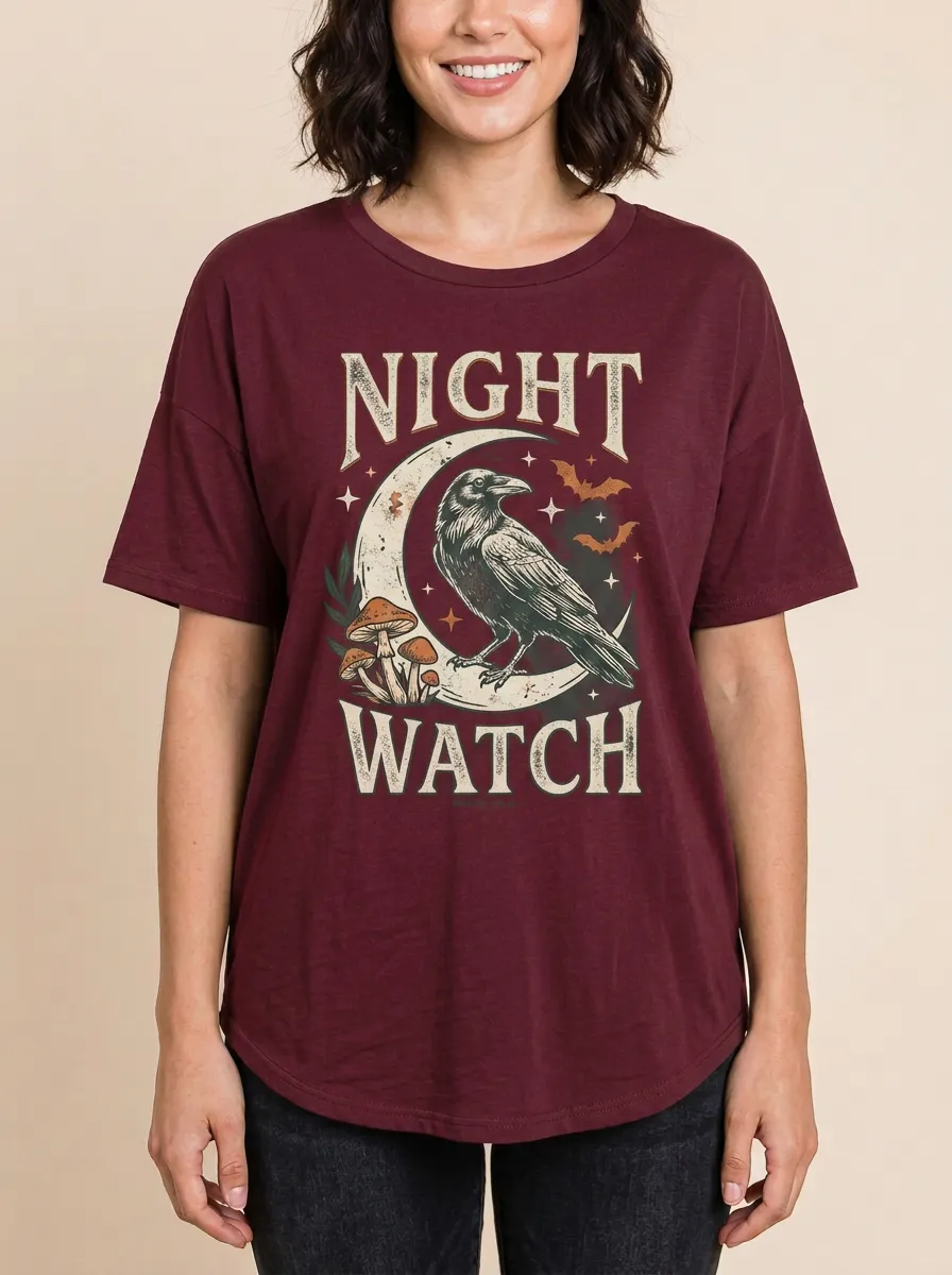 Women's Halloween Gothic Raven Moon Mushroom Printed T-shirt