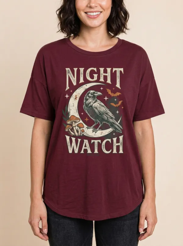 Women's Halloween Gothic Raven Moon Mushroom Printed T-shirt