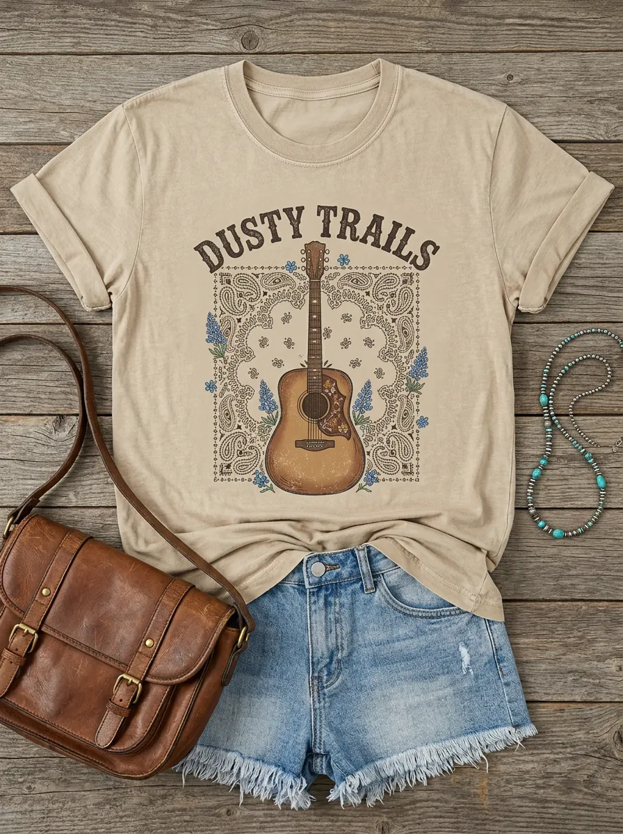 Rustic Guitar Western Crewneck T-Shirt