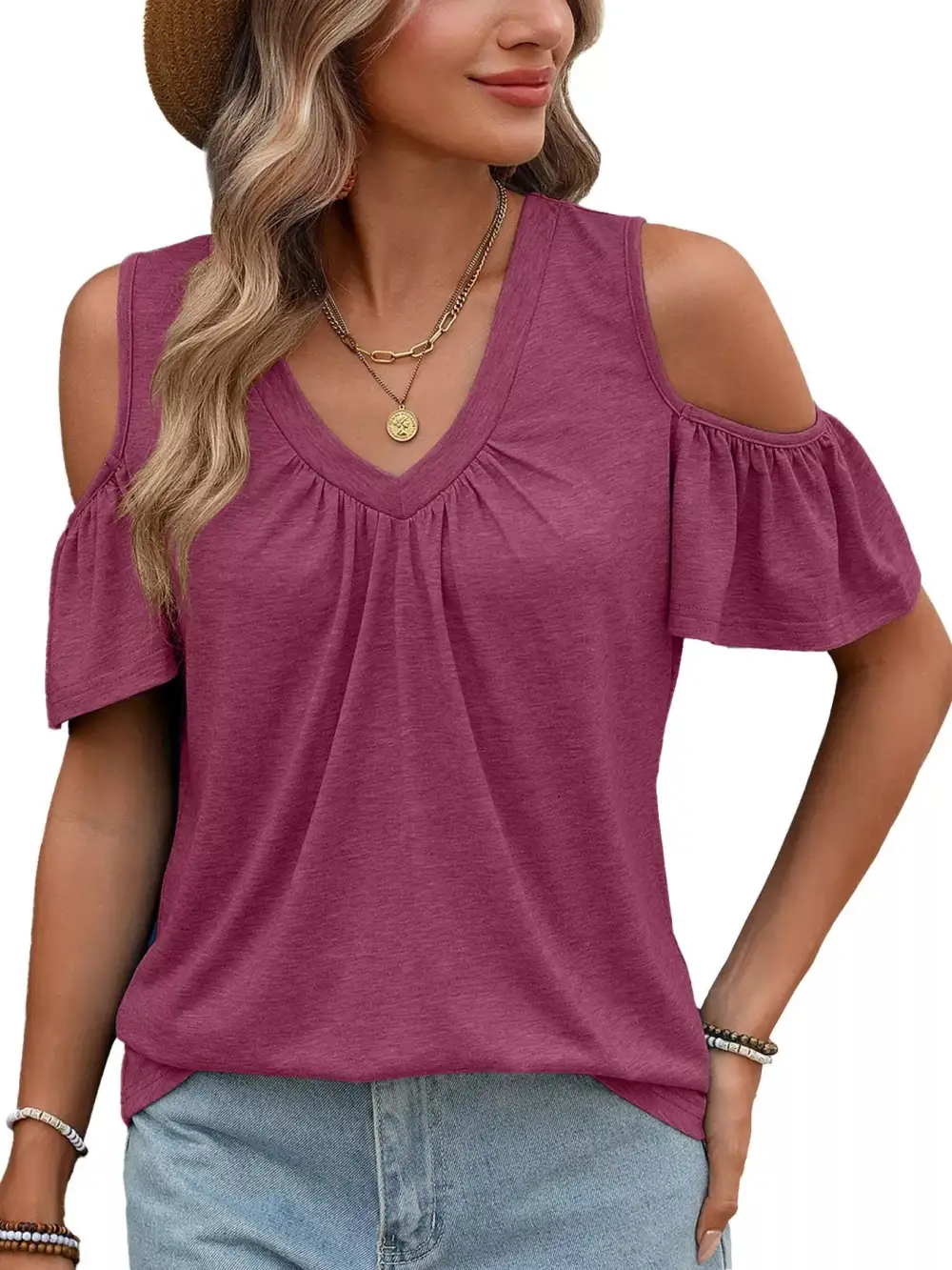 Cold Shoulder V Neck T Shirt