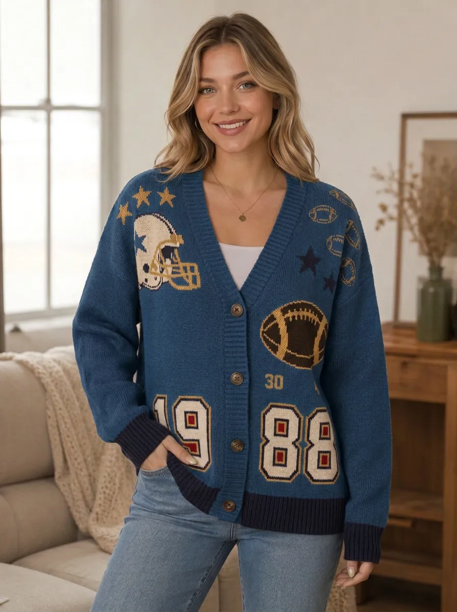 Women's Football Fan Helmet 1988 Pattern Knitted Cardigan
