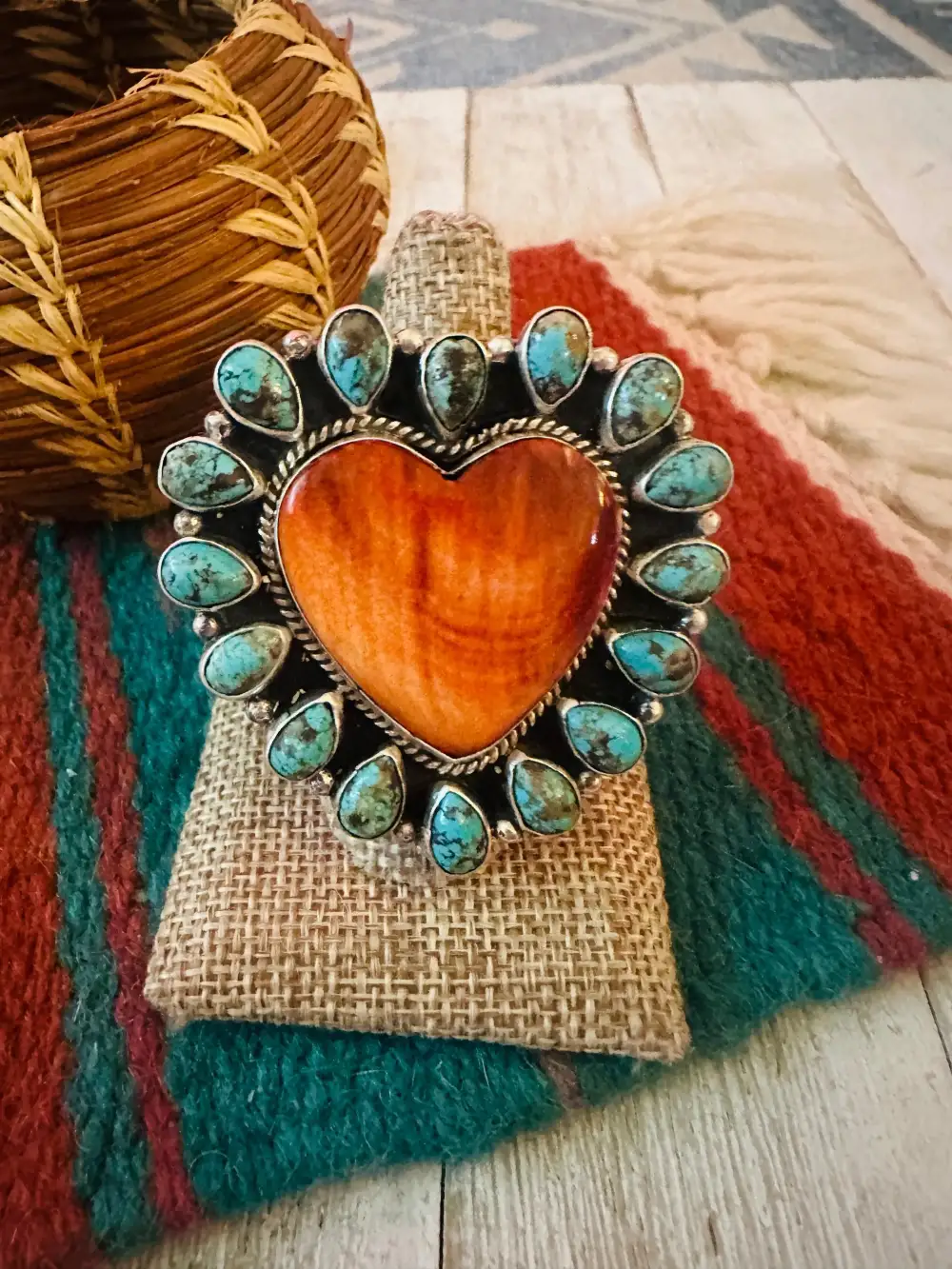 Heart Cluster Adjustable Turquoise Spiny Oyster Sterling Silver Ring