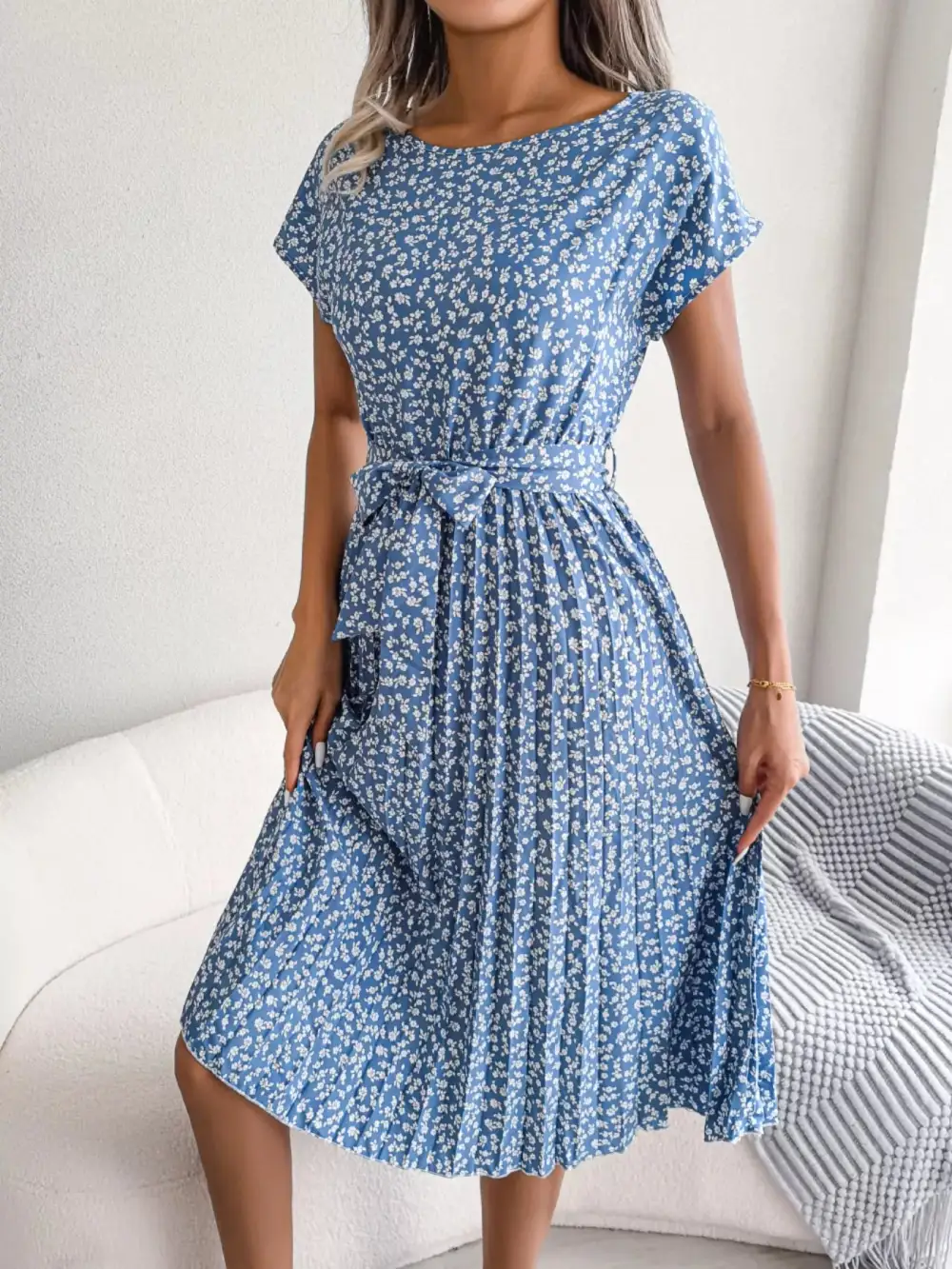 Pleated Midi Dress with Belt